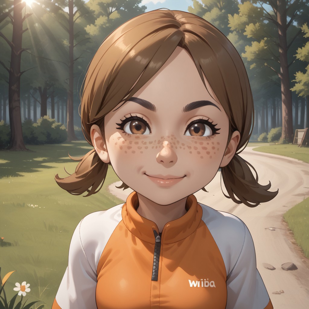 score_9, score_8, BREAK, solo, wii, mii, wii sports, 1girl, female mii, dark blonde hair, low ponytails, brown eyes, freckles, black eyebrows, orange clothing, black pants, breasts, shoes, cute, nintendo mii, modern_mii, classic_mii, Lucia_(Wii_Sports), sexy pose, smile, outdoors, sunlight, shadows, evening lighting, natural lighting, forest, trees, grass, orange sky, sunset