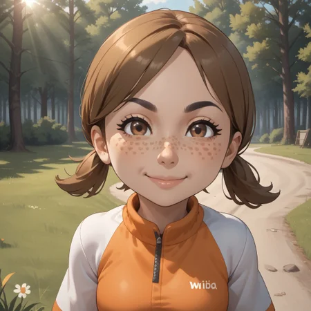 score_9, score_8, BREAK, solo, wii, mii, wii sports, 1girl, female mii, dark blonde hair, low ponytails, brown eyes, freckles, black eyebrows, orange clothing, black pants, breasts, shoes, cute, nintendo mii, modern_mii, classic_mii, Lucia_(Wii_Sports), sexy pose, smile, outdoors, sunlight, shadows, evening lighting, natural lighting, forest, trees, grass, orange sky, sunset