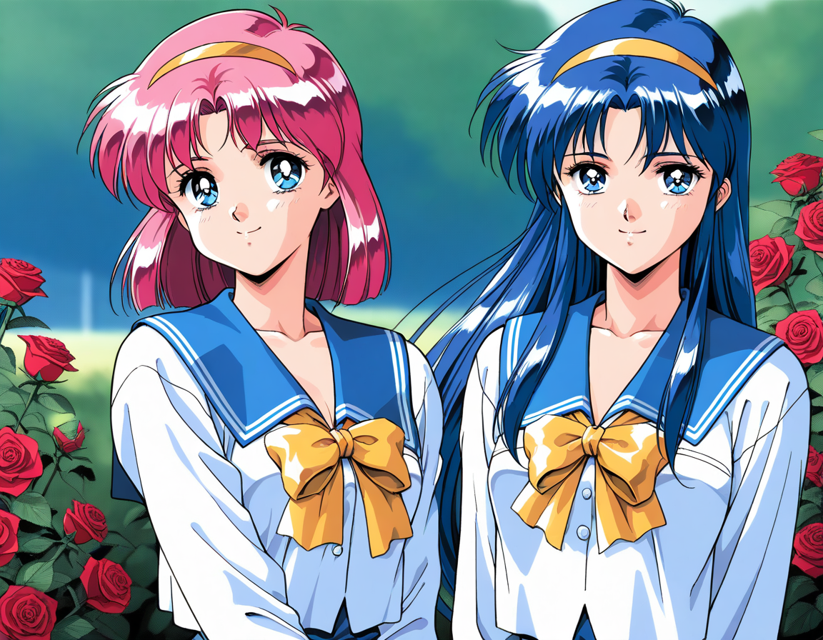 masterpiece, best quality, good quality, <lora:AiShimai_Futari_no_Kajitsu_IS:1> Kitazawa_Rumi, 1girl, blue hair, breasts, long hair, blue eyes, 
school uniform, serafuku, 1990s (style) BREAK, Kitazawa_Tomoko, 1girl, pink hair, Yellow hairband, small breasts, short hair,
serafuku, school uniform, Yellow ribbon, 1girl, BREAK,
 multiple girls, 2girls, blue eyes, blue hair, long hair, retro artstyle, long sleeves, smile, bow, blue sailor collar, sailor collar, 1990s (style), upper body, looking at viewer,
outdoor, flower, rose,