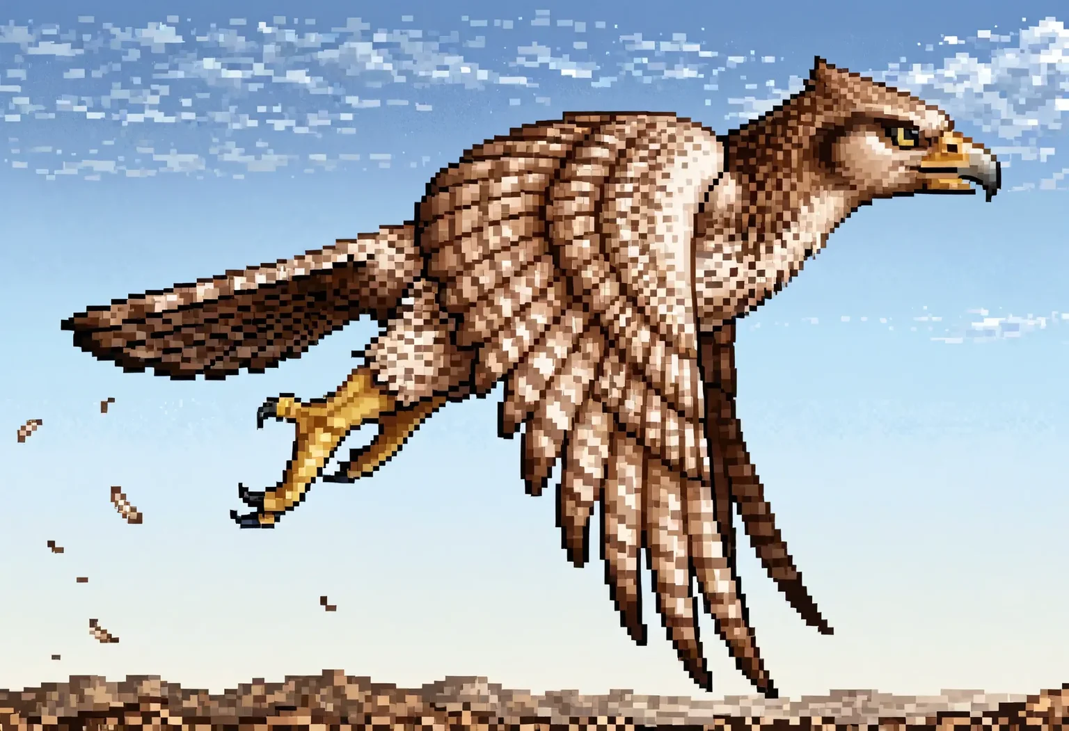 heroes2, pixel art, from side, roc, avian, wings, flying, black eyes, yellow sclera, mouth closed, brown feathers, tan feathers, yellow beak, full body, bird, facing side, looking ahead, solo, sky background, feral, in air,
, <lora:HoMM_v8NoobBs975:0.8>,