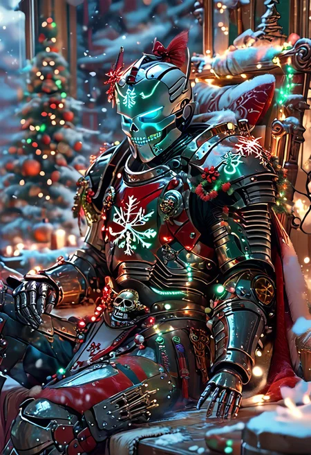 score_9,score_8_up,score_7_up, xmas_style_2K24, a skeleton knight, jack-o'-lantern head, (full armor, full string lights armor, armored, string lights shoulder armor, holding Christmas tree sword), (armor made of knit, string lights cape:1.15), sitting on throne, crossed_leg, hand_on_own_chin, dappled_sunlight, glowing eyes, glowing mouth, indoors, east asian architecture, falling petals, falling snow, above clouds, set in the ancient china, in a secluded temple, hidden in the mountains, with winding paths, stunning views,