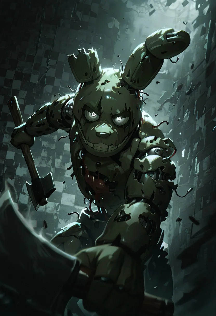 masterpiece, best quality, amazing quality, very aesthetic, absurdres, newest, detailed background, foreground blur,
,springtrap, robot, teeth, rabbit ears, mechanical parts, animatronic, green skin, round head, damaged, closed mouth,
dark room, metal pipes,, checkered walls, holding axe, grey walls, black smoke, black mist, , dark theme, black walls, shadows, incoming attack, wielding axe, attack