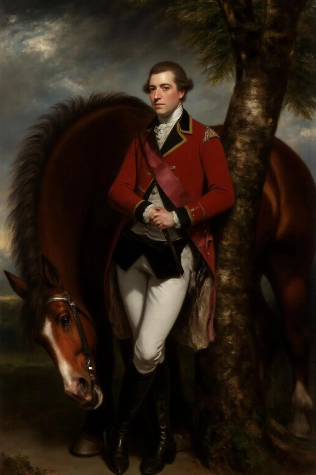 jore1 painting.
A gentleman in 18th-century attire standing next to a horse. The man, standing confidently, is dressed in a vibrant red military uniform with gold trim, a white waistcoat, and white breeches. His outfit includes a white cravat and a fur-trimmed coat, indicative of the late 18th century. He wears black boots and holds a riding crop in his right hand. His left hand rests on the shoulder of a large, chestnut horse with a white blaze on its face, which is standing calmly beside him.
<lora:jore1_cap_d6a3e12:1.0><lora:818387928133728963:0>