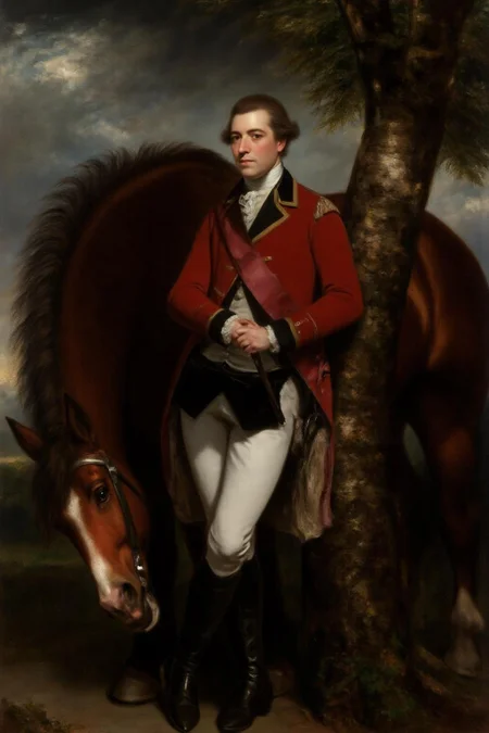 jore1 painting.
A gentleman in 18th-century attire standing next to a horse. The man, standing confidently, is dressed in a vibrant red military uniform with gold trim, a white waistcoat, and white breeches. His outfit includes a white cravat and a fur-trimmed coat, indicative of the late 18th century. He wears black boots and holds a riding crop in his right hand. His left hand rests on the shoulder of a large, chestnut horse with a white blaze on its face, which is standing calmly beside him.
<lora:jore1_cap_d6a3e12:1.0><lora:818387928133728963:0>