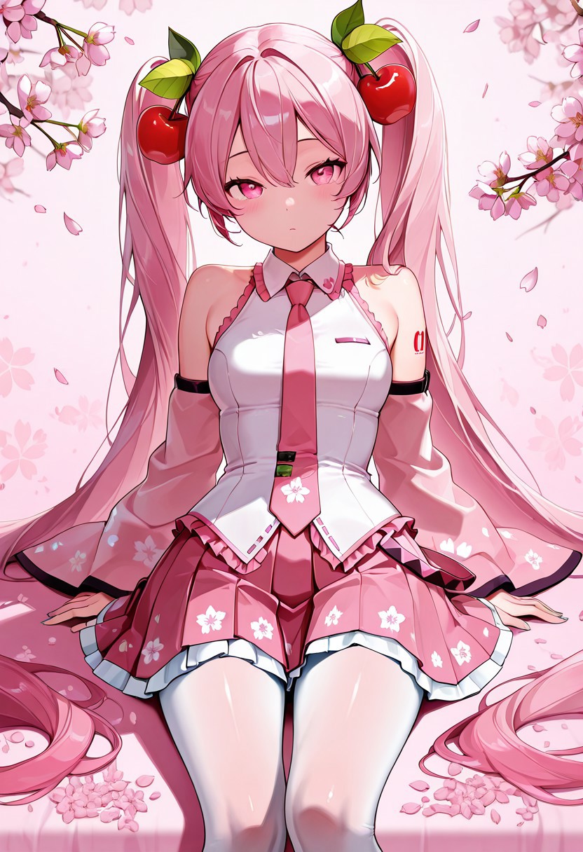 1girl, solo, Hatsune miku, pink hair, pink eyes, twintails, food-themed ornament, cherry_ornament, ((cherry_blossom print)), sleeveless, sleeveless shirt, detached sleeves, white shirt, pink necktie, petals, pink skirt, <lora:epiNoiseoffset_v2:1>, rim light, white_pantyhose, tattoo, bare_shoulders,  masterpiece, best quality, amazing quality,, <lora:fgo-kriemhild-ponyxl-lora-nochekaiser:1>, sakura background, masterpiece, best quality, amazing quality,, <lora:fgo-kriemhild-ponyxl-lora-nochekaiser:1>, <lora:doggystyle-asphyxiation-illustriosxl-lora-nochekaiser:1>