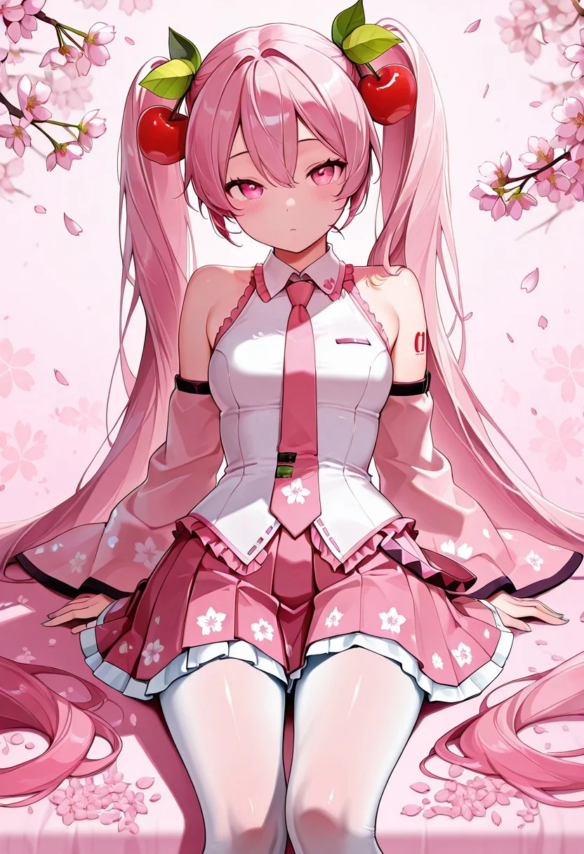 1girl, solo, Hatsune miku, pink hair, pink eyes, twintails, food-themed ornament, cherry_ornament, ((cherry_blossom print)), sleeveless, sleeveless shirt, detached sleeves, white shirt, pink necktie, petals, pink skirt, <lora:epiNoiseoffset_v2:1>, rim light, white_pantyhose, tattoo, bare_shoulders, masterpiece, best quality, amazing quality,, <lora:fgo-kriemhild-ponyxl-lora-nochekaiser:1>, sakura background, masterpiece, best quality, amazing quality,, <lora:fgo-kriemhild-ponyxl-lora-nochekaiser:1>, <lora:doggystyle-asphyxiation-illustriosxl-lora-nochekaiser:1>