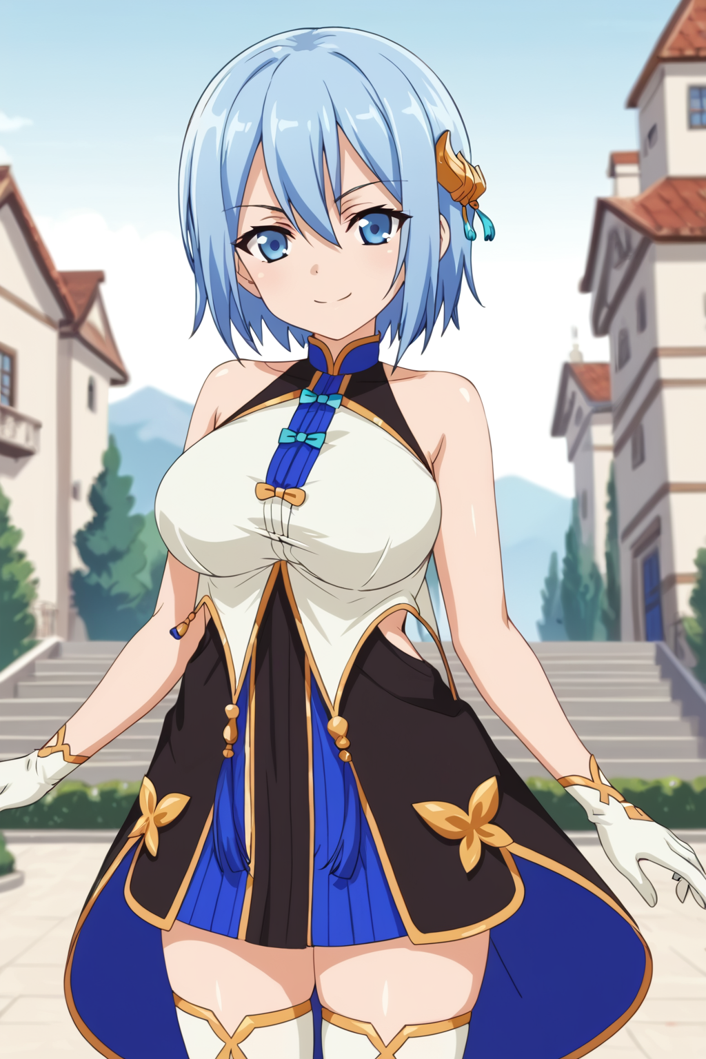 score_9, score_8_up, score_7_up, BREAK source_anime, masterpiece, anime screencap, 
1girl, solo, mashiro, short hair, blue hair, air between eyes, blue eyes, large breasts, dress, sleeveless, white gloves, thighhighs, hair ornament,  <lora:mashiro_pony:1>
outdoor, standing, smile, cowboy shot,