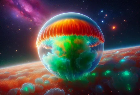 A translucent Sphere with a shrunken Universe forming from a powerful  quantum explosion , (the universe itself a living Jelly  lifeform), Cosmic  Fluorescent Colors  ,Dark Sci-fi ,, Subsurface scattering , Ray Tracing ,Rear Cosmic amibient   light mapping for deep space and Stellar lighting ,electric green , burnt orange , metallic candy apple red,tundra blue  ,8k UHD ,Masterfully rendered in Octane by Sithandwesson ,