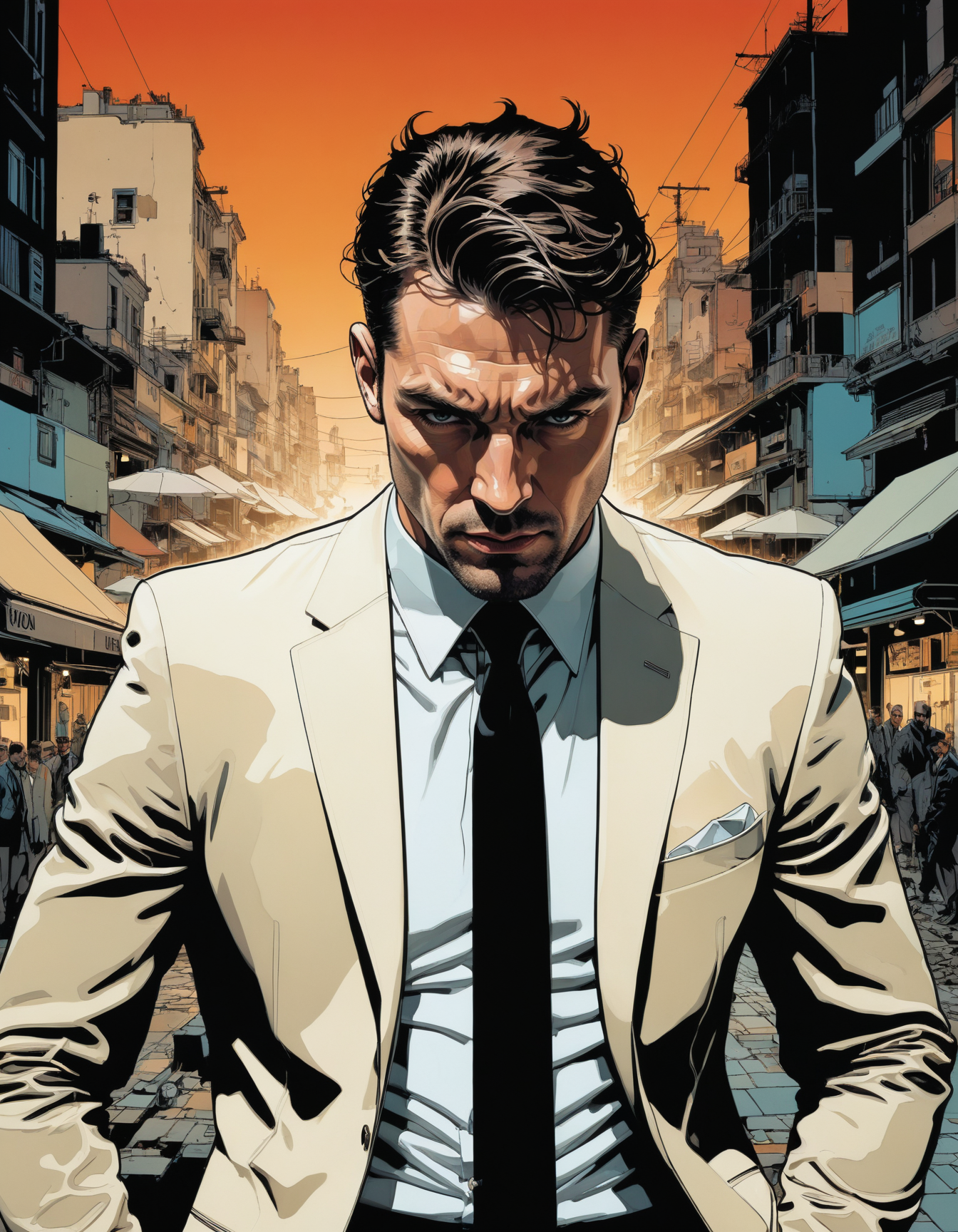 by Paul Pope and Hugo Boss,  (sad , striking , masterful:1.4), poster art, bold lines, hyper detailed, expressive,  award winning,  (scenery:1.4), (intricate details, masterpiece, best quality:1.4),
cinematic lighting , looking at viewer, dynamic pose, wide angle view,
<lora:add-detail-xl:1> <lora:xl_more_art-full_v1:0.5> <lora:looking_at_viewer:2>