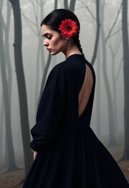 A minimalist portrait of a woman wearing a dark, flowing dress, with a single vivid red flower tucked behind her ear. Her serene expression is lit by soft, natural light. The background is a muted, foggy forest, creating a calming atmosphere that contrasts beautifully with the flower's bold hue.