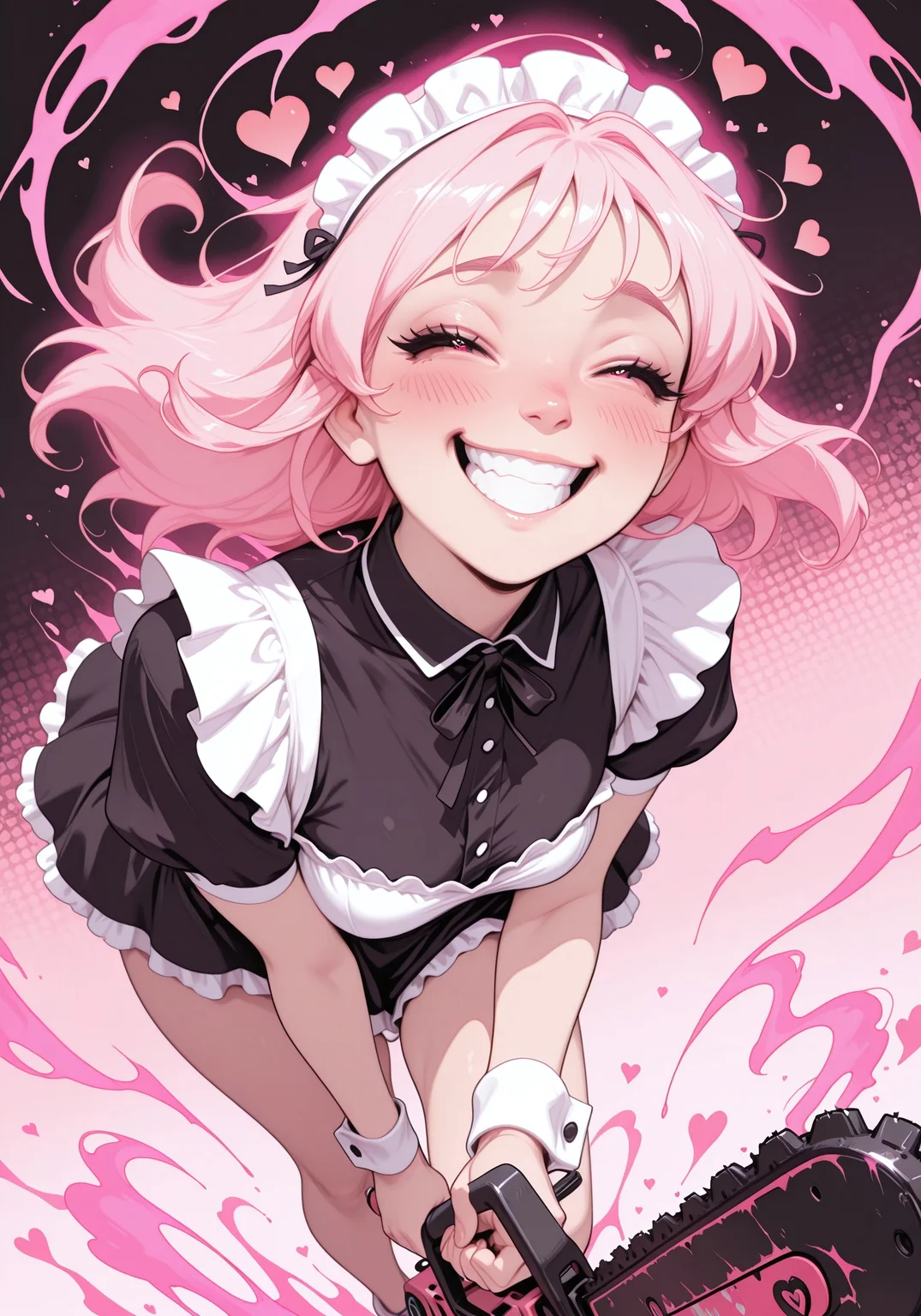 masterpiece, high_quality, highres, flat_colors, gradient,
long_lashes, blush, looking_at_viewer, dynamic_angle, cinematic, side_view, hearts, halftone_background, pink_background, black_background, ethereal_aura, uwu, big_eyes, holding a running chainsaw, maniacal grin, laughing
