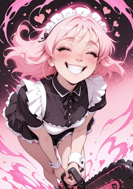 masterpiece, high_quality, highres, flat_colors, gradient, 
long_lashes, blush, looking_at_viewer, dynamic_angle, cinematic, side_view, hearts, halftone_background, pink_background, black_background, ethereal_aura,  uwu, big_eyes, holding a running chainsaw, maniacal grin, laughing