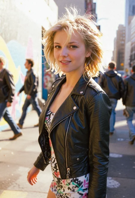 high-quality cinematic analog photo. Dynamic street scene featuring a young Caucasian woman. She stands confidently on a bustling city sidewalk, wearing a stylish leather jacket and a flowing floral dress. Her short blonde hair is tousled by the wind, and she has a playful smile as she looks over her shoulder. The vibrant cityscape behind her is filled with colorful graffiti and busy pedestrians, while the late afternoon sun casts a warm glow, creating a lively and energetic atmosphere. Highly detailed, film grain <lora:dmd2_sdxl_4step_lora> <lora:xl_EuroBabeXL-v4>