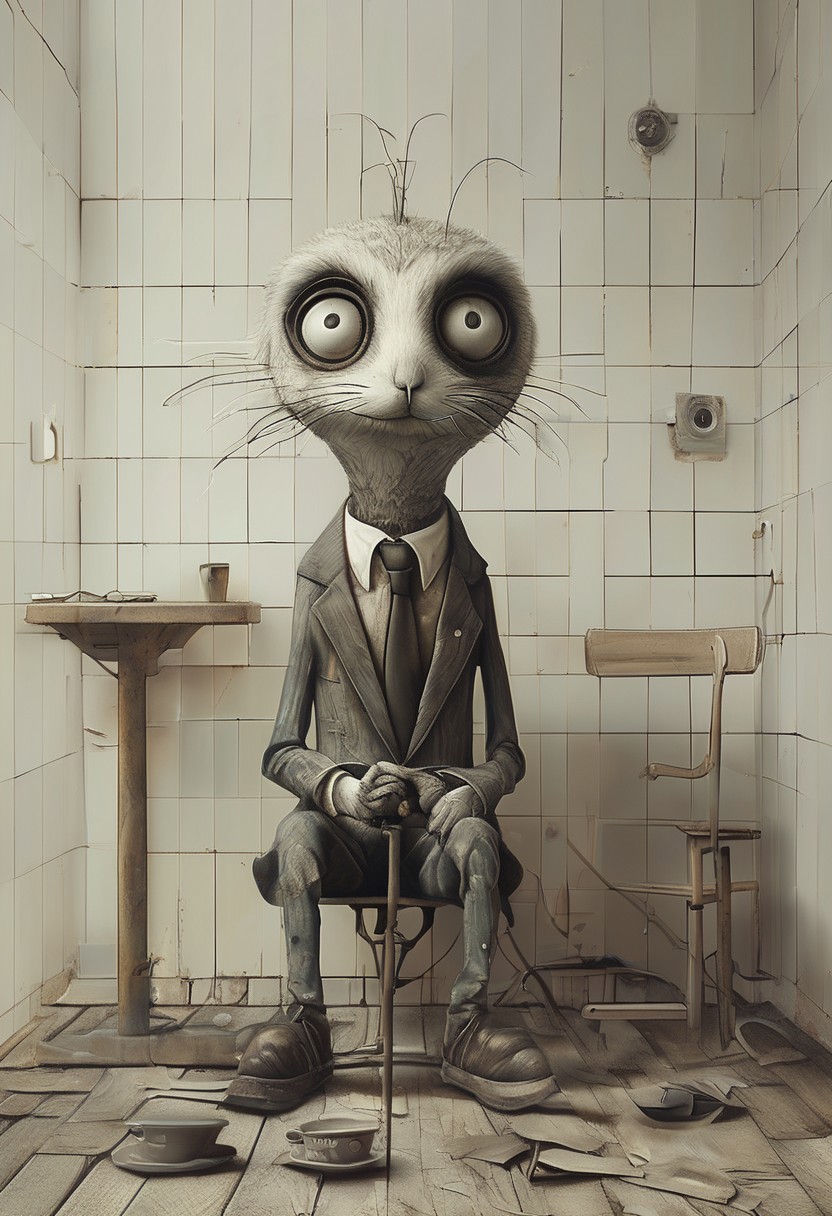 style of Anton Semenov. an anthropomorphic rabbit in a ragged suit sat on a children's tricycle, pointing a vintage Hasselblad camera at the viewer. On his shoulder is a chicken. The rabbit's head is disproportionately big for the body. The rabbit's fur is matted and rough. Its eyes are scary. The rabbit and the camera are both pointing forward to the viewer. On the floor are vintage cameras, books, picture frames and paintbrushes. The background is blank with blank space around the edges.