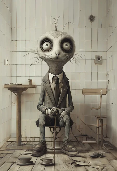 style of Anton Semenov. an anthropomorphic rabbit in a ragged suit sat on a children's tricycle, pointing a vintage Hasselblad camera at the viewer. On his shoulder is a chicken. The rabbit's head is disproportionately big for the body. The rabbit's fur is matted and rough. Its eyes are scary. The rabbit and the camera are both pointing forward to the viewer. On the floor are vintage cameras, books, picture frames and paintbrushes. The background is blank with blank space around the edges.
