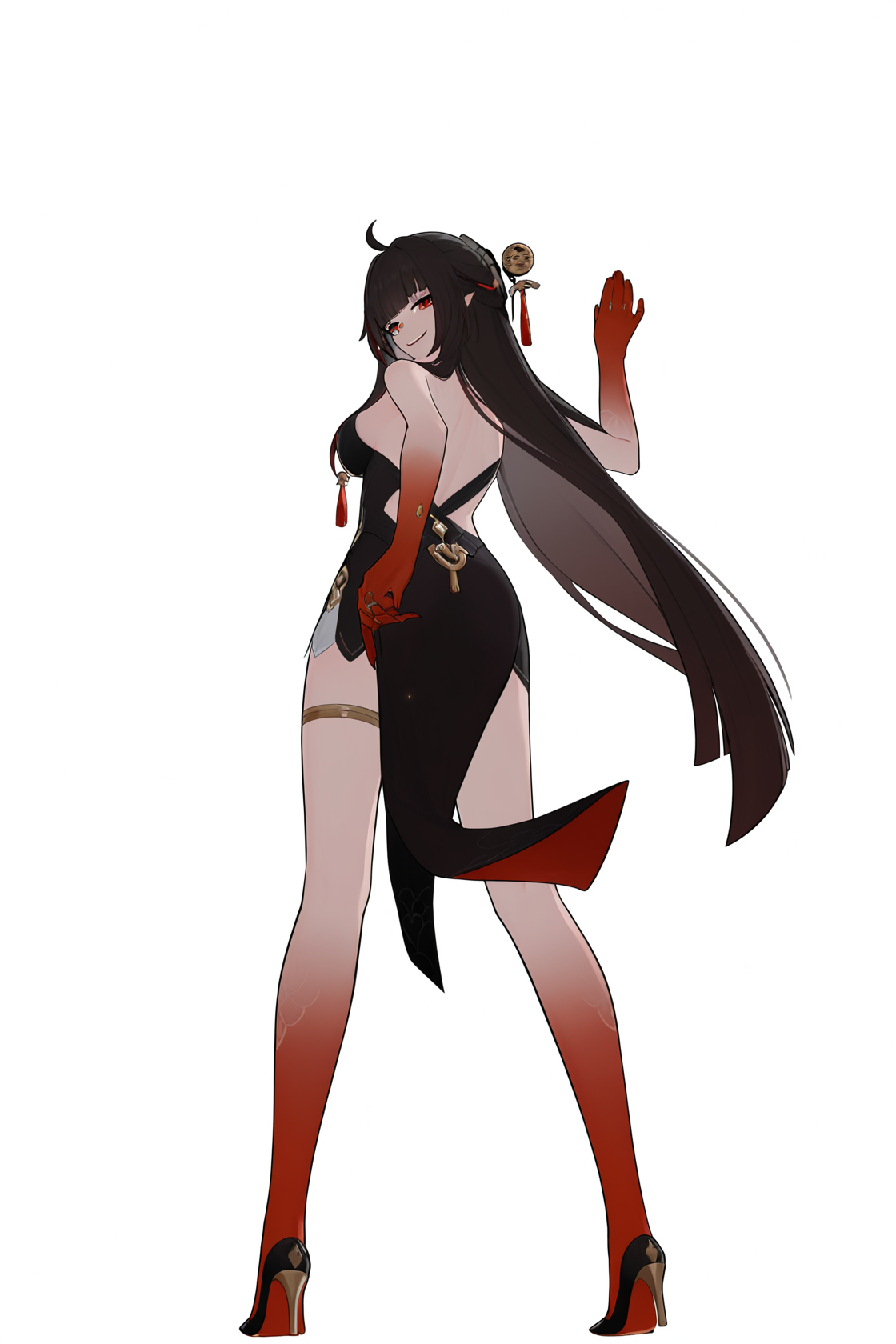 8k, best quality, masterpiece, (ultra-detailed), (high detailed skin), 
full body, full shot, standing, looking at viewer, (solo:1.2), simple background, white background, from behind, looking back, looking at viewer, evil smile, up-down, 
<lora:lingsha-a3-Tanger-000014:0.8>, lingsha, default clothes, red hands, red feet, black dress, 1girl, long hair, black hair, breasts, ahoge, high heels, 
A full-body portrait of a young girl, standing gracefully, pastel art style, high-key lighting, shoujo manga influence, hd quality, delicate details,