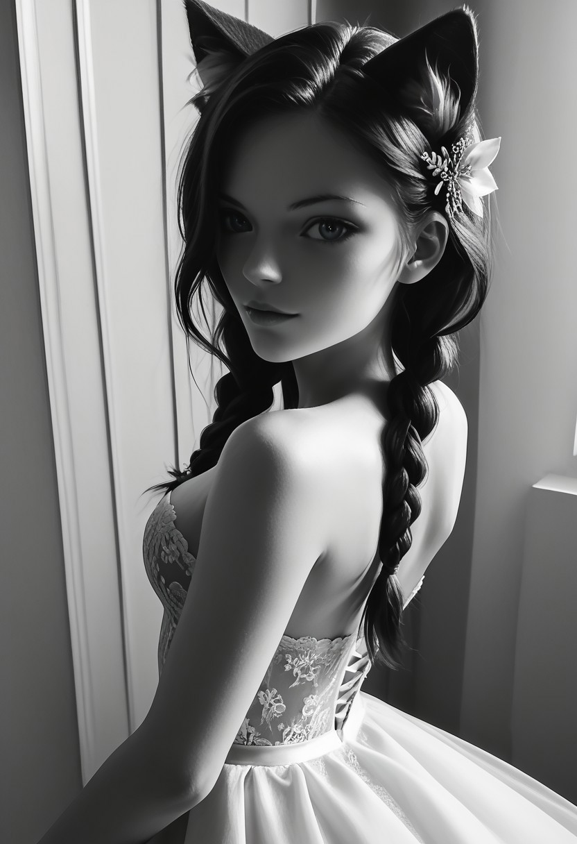 score_9, score_8_up, score_7_up, source_photo, Ultra detailed, dark theme, dim lighting, black theme, dark room, monochrome,
dark lit bedroom, low lighting, shadows, black hair, long hair, lilykat, cat ears, animal ear fluff, bangs over one eye, low twin braids, non monochrome blue eyes, colored eyes, thin eyebrows, perfect face, sexy, sexy girl, beautiful eyes, glossy lips, medium perky breasts, dark lace wedding dress, standing, from side,from above, close up