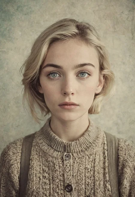 set against a neutral background. The image should have a retro or distressed style, with faded colors and a worn texture. The person's expression is neutral, and their eyes convey a sense of emotion or thoughtfulness. The overall aesthetic should evoke a vintage, slightly eerie atmosphere, emphasizing the concept of silence or lack of communication