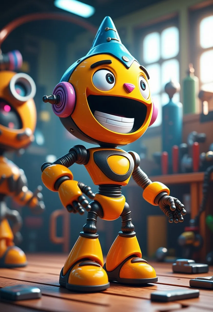 A cheerful robot with a big, expressive face standing in a futuristic workshop, surrounded by colorful tools and gadgets, a 3D render in the style of 3DMVIE