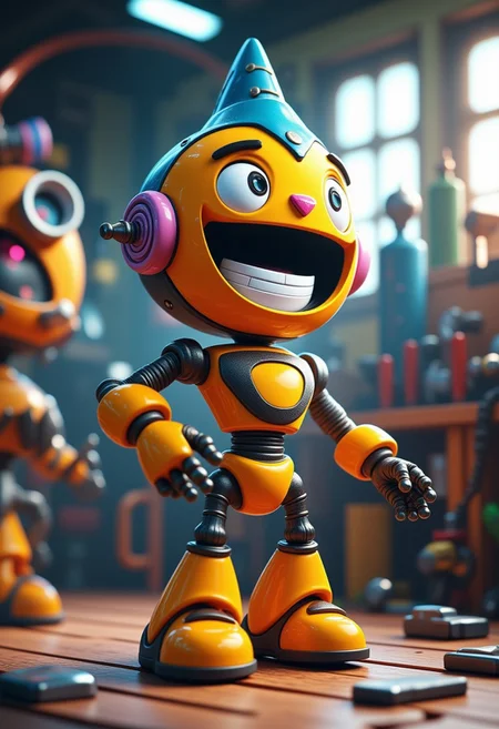 A cheerful robot with a big, expressive face standing in a futuristic workshop, surrounded by colorful tools and gadgets, a 3D render in the style of 3DMVIE