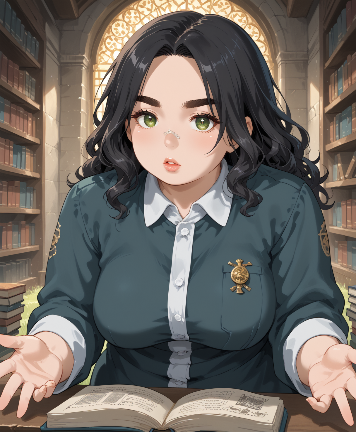 IllusP0s, PonyScores7, source_anime, ah1, IllustriousQual, interesting, exciting, spectacular, wonderful, <lora:natsumi_style:0.5>, <lora:by_usakun-pony:0.4>, by usakun, <lora:Akina_Bbw_Style_-_PonyXL:0.2>, AkinBw,
BREAK (street Goth fashion style, which combines streetwear with gothic influences, features dark clothing, oversized silhouettes, and edgy accessories, embodying a modern twist on traditional goth),
BREAK 1girl, mature female, (round face:1.2), (thick eyebrows:1.3), (curvy), round-chin, caucasian, (plump face), <lora:Round_face:0.2>, <lora:ETO_OC_Illustrius:0.5>, eto_oc, skindentation, (plump), thick thighs, wide hips, busty, voluptuous, lips, <lora:venus body PonyXL:0.3>, <lora:shinyskin2:0.2>, glistening skin,
BREAK  (curly hair), long hair, (black hair:1.4), (parted hair:1.7), messy hair, kinky curls, <lora:hairdetailpxl:0.2>, hairdetailpxl,
BREAK (half green and brown eyes), (colorful eyes), (multicolored eyes), (downturned eyes:1.4), <lora:expressive eyes:0.2>, expressive eyes, <lora:eyedetailpxl:0.2>, eyedetailpxl, <lora:Eyes_High_Definition:0.2>, EyesHD,
BREAK ((Frustrated, Scrunched nose furrowed eyebrows tightened lips conveying annoyance irritation or frustration)), <lora:Expressive_H:0.2>, Expressiveh, <lora:Emotional_Anime_Expressions_PonyXL_Concept:0.2>, emotional, <lora:Best_Facial_Expression_LoRA_PONY:0.2>, looking at viewer, <lora:Detailed expressive EXEV style -XL Pony V1.0:0.2>, FaceDetail,
BREAK ((flashing breasts)),
BREAK irish coffee Tennis uniform,
BREAK (((A vast library filled with ancient tomes, Books line the shelves, reaching high into the rafters, Scholars hunch over tables, deciphering ancient scripts, Occasionally, a ghostly apparition drifts past, whispering words of knowledge, In the distance, a librarian shushes a talking owl as it flies among the bookshelves))),
BREAK <lora:xl_more_art-full_v1:0.2>, <lora:aesthetic_anime_v1s:0.2>, <lora:EpicF4nta5yXL:0.2>, <lora:detailxl:0.2>, detailxl, <lora:Fant5yP0ny:0.2>, best quality, amazing quality, best aesthetic, absurdres, illustration, Volumetric_Lighting, ultra-detailed, very aesthetic, intricate details, 8k, masterpiece, best_quality
BREAK Stable_Yogis_PDXL_Positives, AS-Adult, <lora:Complicated fantasy portrait - XL Pony V2.0:0.2>, bad-hands-5, <lora:HDA_Detailer:0.3>, HDA_FatGirlXL,