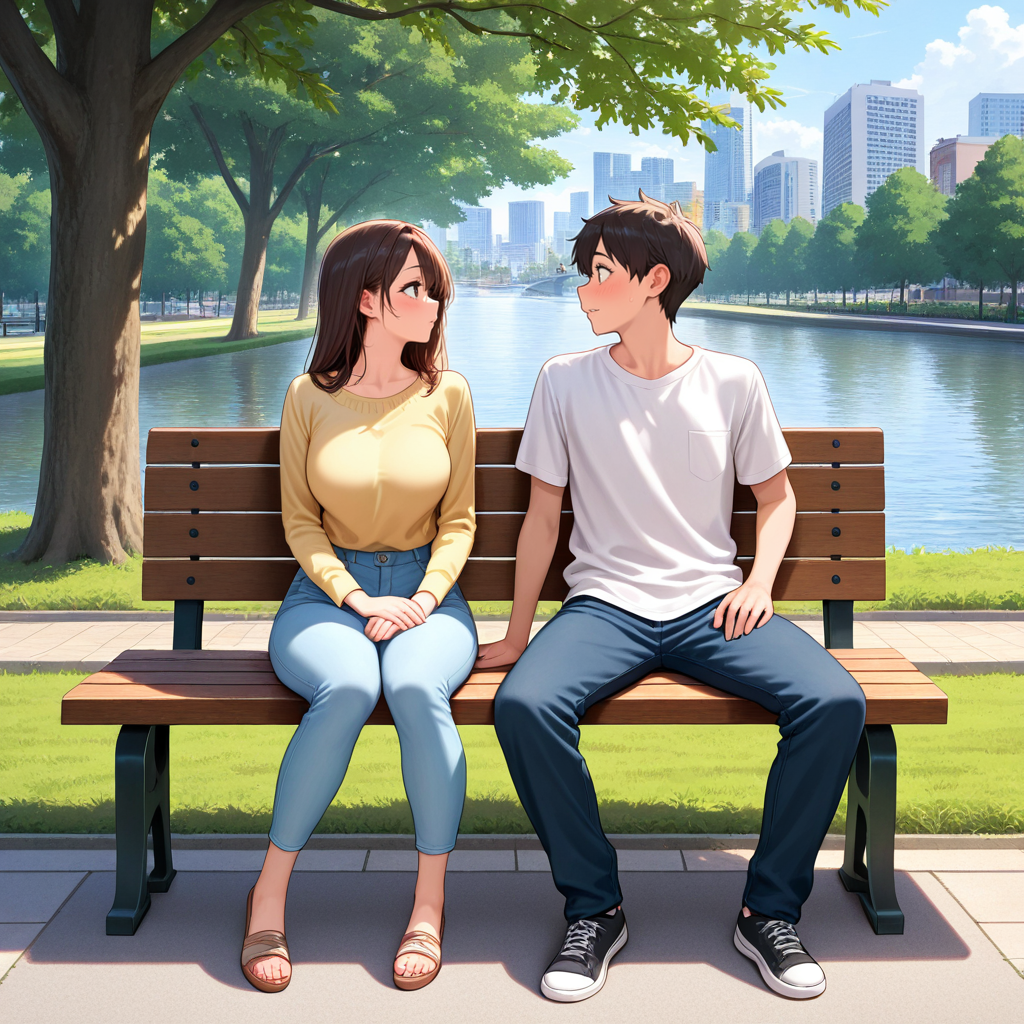 masterpiece,best quality,amazing quality, 1girl, 1boy, aged up, sitting on bench, looking at another, (casual:1.2), city park, tree, river