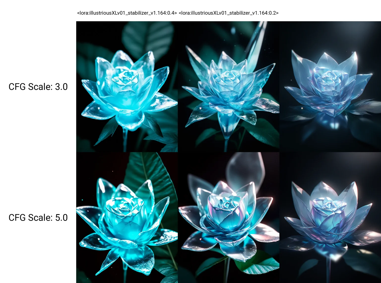 <lora:illustriousXLv01_stabilizer_v1.164:0.4>a ice rose,close-up,light particles,transparent,leaf,dark,Iridescent light,masterpiece,depth of field,
