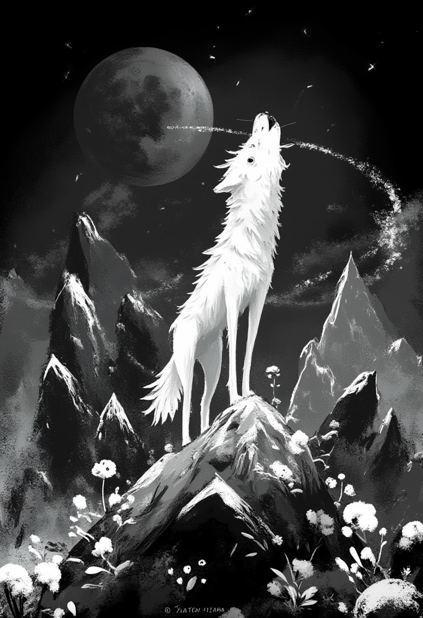 A whimsical illustration of an elongated wolf with an absurdly oversized polygonal head in stark black and white, howling atop a geometric mountain peak composed of sharp crystalline facets, digital painting with dramatic brushstrokes creating harsh shadows and brilliant highlights, moonless night background with mathematically precise stars forming spectral patterns, characteristic Tim Burton inspired design with hollow eyes that somehow emit beams of white light through the darkness, creating a hauntingly beautiful monochromatic scene where geometric precision meets wild, untamed spirit