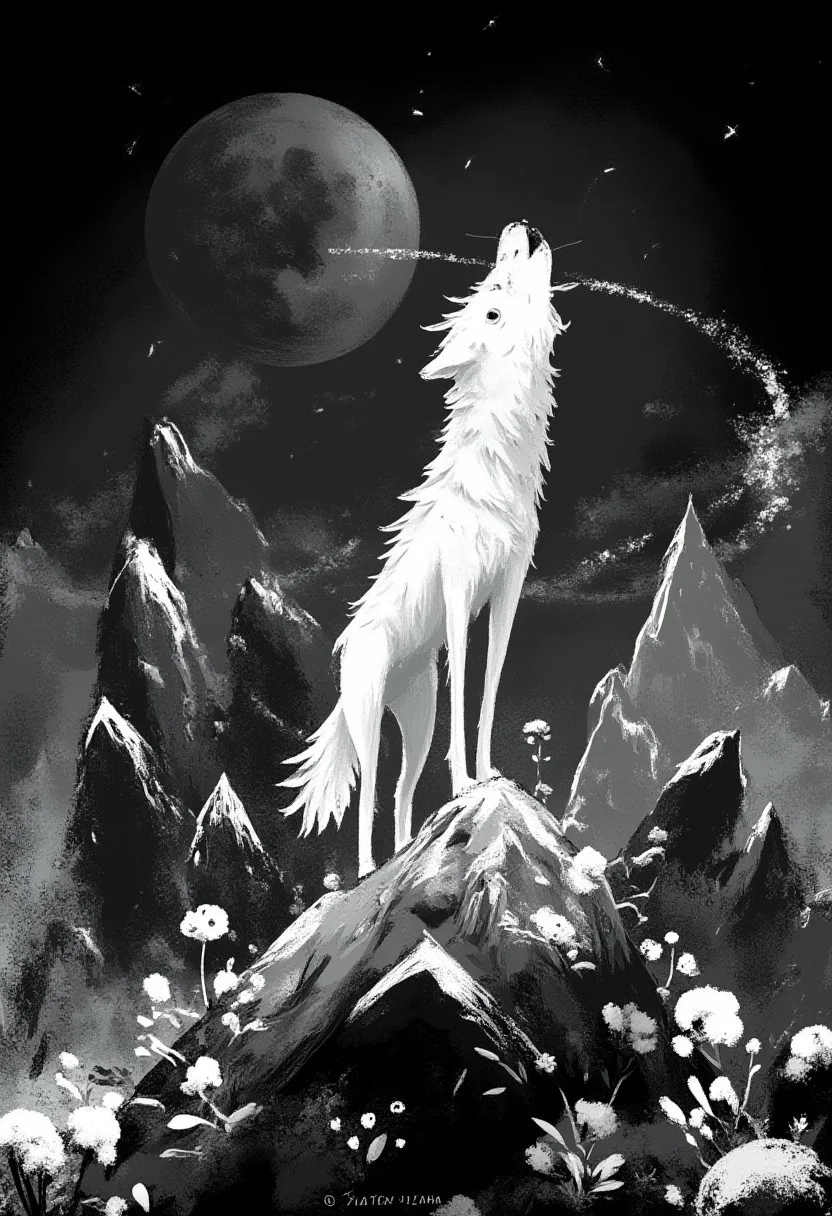 A whimsical illustration of an elongated wolf with an absurdly oversized polygonal head in stark black and white, howling atop a geometric mountain peak composed of sharp crystalline facets, digital painting with dramatic brushstrokes creating harsh shadows and brilliant highlights, moonless night background with mathematically precise stars forming spectral patterns, characteristic Tim Burton inspired design with hollow eyes that somehow emit beams of white light through the darkness, creating a hauntingly beautiful monochromatic scene where geometric precision meets wild, untamed spirit