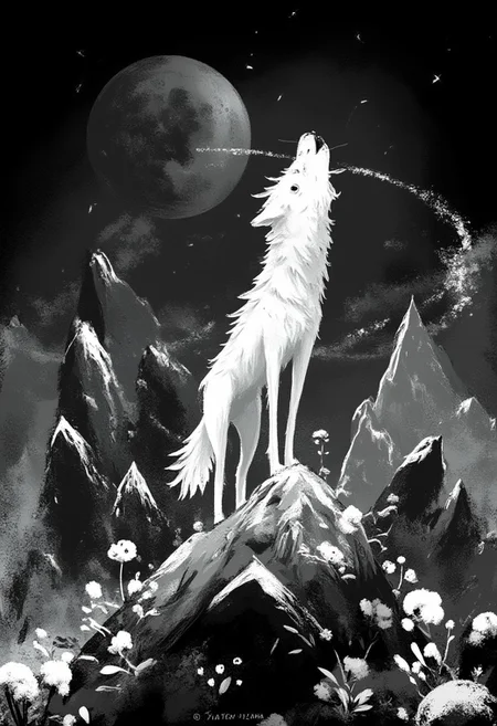 A whimsical illustration of an elongated wolf with an absurdly oversized polygonal head in stark black and white, howling atop a geometric mountain peak composed of sharp crystalline facets, digital painting with dramatic brushstrokes creating harsh shadows and brilliant highlights, moonless night background with mathematically precise stars forming spectral patterns, characteristic Tim Burton inspired design with hollow eyes that somehow emit beams of white light through the darkness, creating a hauntingly beautiful monochromatic scene where geometric precision meets wild, untamed spirit