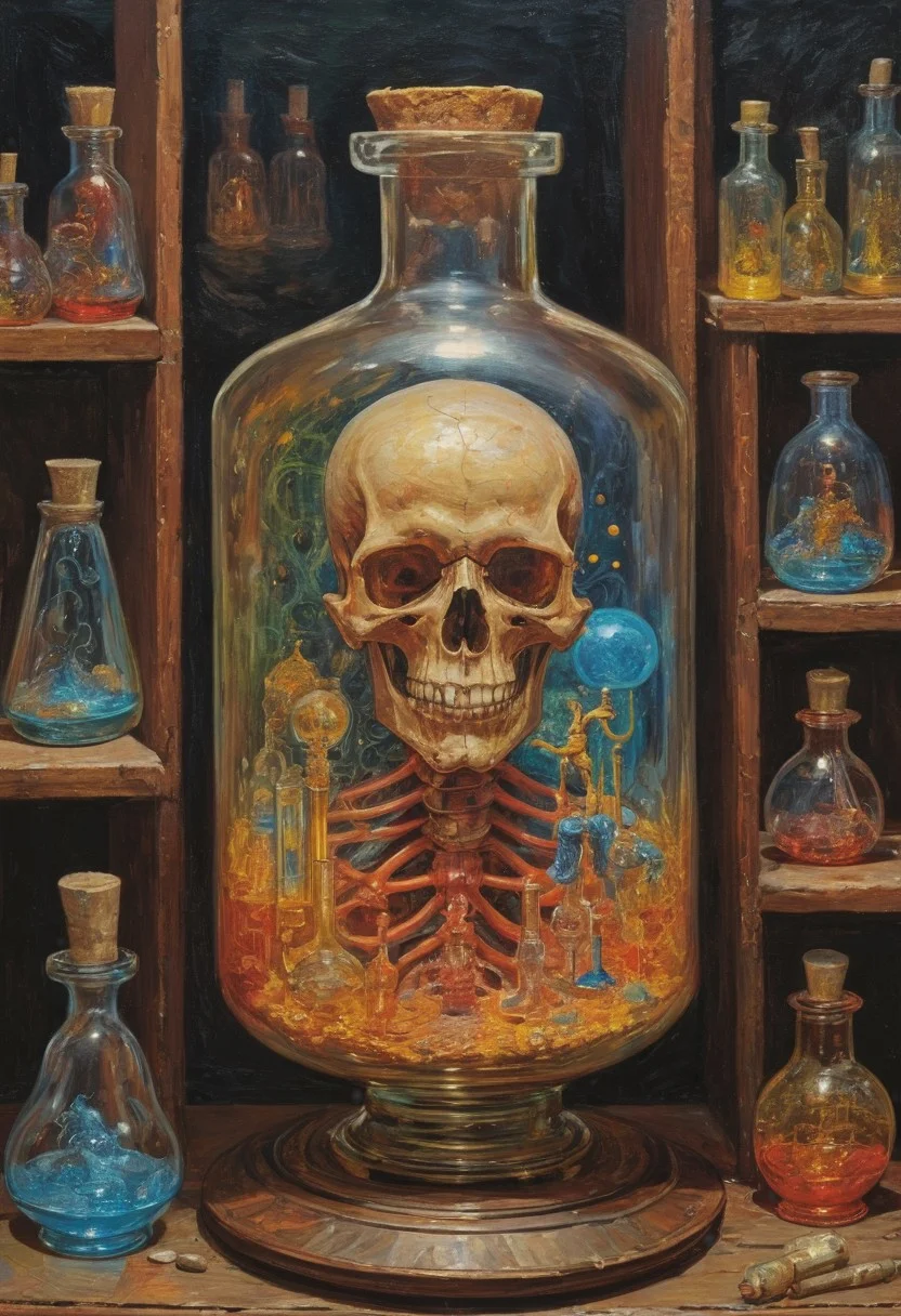 (art by Eduard Wilhelm Pose and Master of the Holy Blood and Ivan Bilibin:1.1), symmetry and balance, detailed, FastNegativeV2, ral-dissolve,Completely (James Ensor,Unica Zurn,Zdzislaw Beksinki:1.25), Paranormal, Apparition, intricate, oil on canvas, (surrealism:1.1), detailed, FastNegativeV2, amazing quality, masterpiece, best quality, hyper detailed, ultra detailed, UHD, perfect anatomy, (Award winning, masterpiece), alchemist, glass vial, flasks, vibrant colors, iridescent, alchemist laboratory, laboratory glassware, (philosopher's stone)