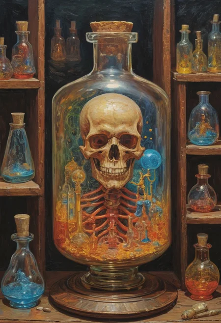 (art by Eduard Wilhelm Pose and Master of the Holy Blood and Ivan Bilibin:1.1), symmetry and balance, detailed, FastNegativeV2, ral-dissolve,Completely (James Ensor,Unica Zurn,Zdzislaw Beksinki:1.25), Paranormal, Apparition, intricate, oil on canvas, (surrealism:1.1), detailed, FastNegativeV2, amazing quality, masterpiece, best quality, hyper detailed, ultra detailed, UHD, perfect anatomy, (Award winning, masterpiece), alchemist, glass vial, flasks, vibrant colors, iridescent, alchemist laboratory, laboratory glassware, (philosopher's stone)