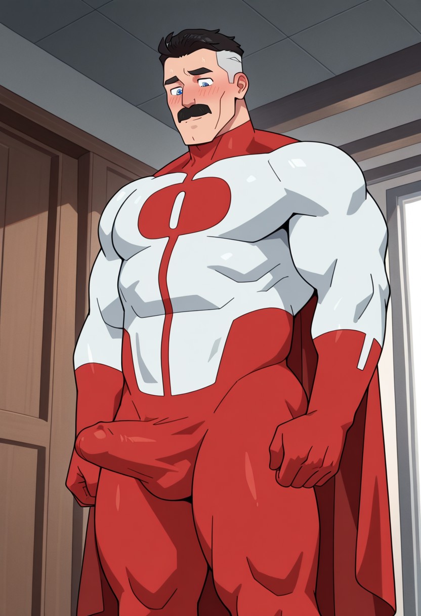 0MN1MAN, 1boy, bara, big pecs, broad shoulders, thick thighs, muscular, detailed background, perfect anatomy, masterpiece, perfect quality, best quality, detailed, newest, very aesthetic, bulge, blue eyes, two tone hair, undercut, mustache, black hair, mature male, superhero suit, red and white bodysuit, red gloves, white boots, cape, red leggings, looking down, erection under clothes, smile, blush, embarrassed