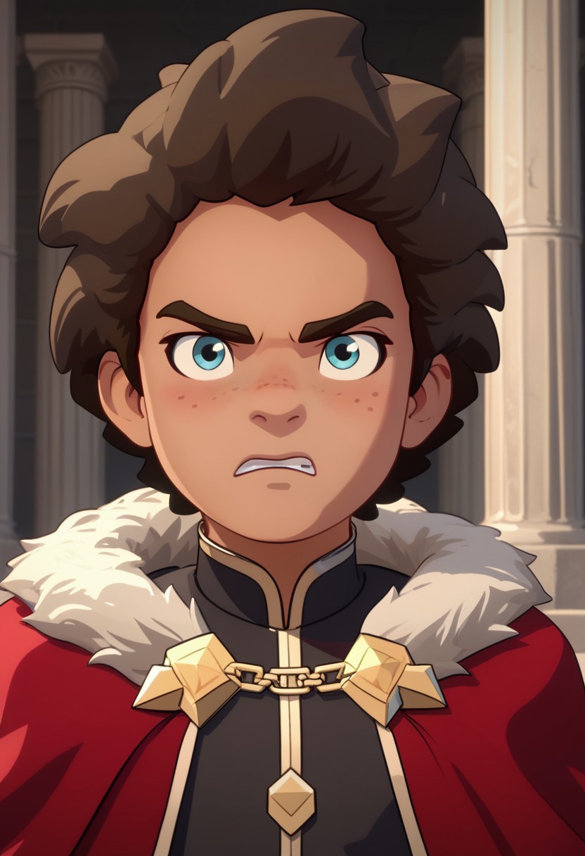 Score_9, Score_8, Score_7, TDPStyle, Ezran, Young, Young Ezran, King Outfit, Fur Trimmed Cape, Gold Diadem, Blue Eyes, bust shot, determined face, stone pillars,