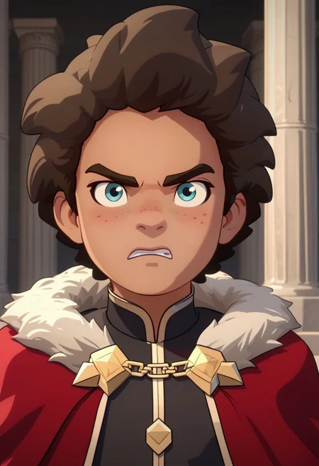 Score_9, Score_8, Score_7, TDPStyle, Ezran, Young, Young Ezran, King Outfit, Fur Trimmed Cape, Gold Diadem, Blue Eyes, bust shot, determined face, stone pillars,