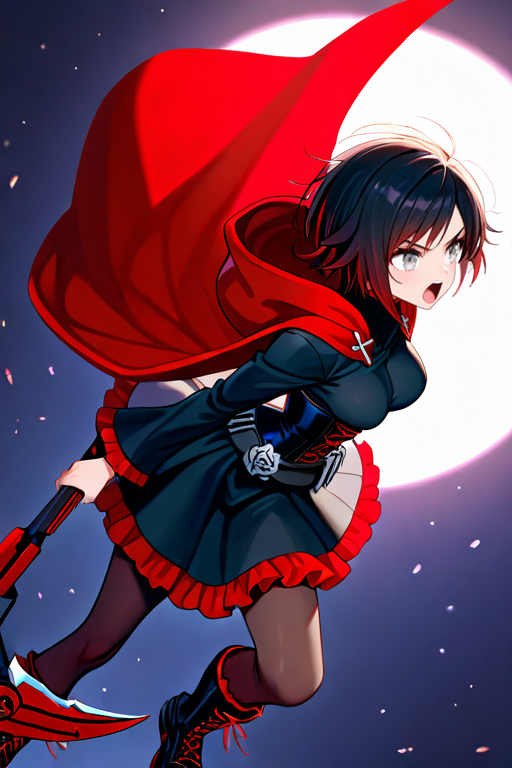 masterpiece, High quality, Ultra detailed, 2d, newest, absurdres, highres, BREAK
1girl, solo, <lora:ruby_rose:0.8>, ruby_rose_(ruby), short hair, black hair, multicolored hair, grey eyes, 
medium breasts, rosedef, long sleeves, black dress, corset, belt, rose, skirt, frilled dress, pantyhose, black footwear, cross-laced footwear, hooded cloak, red cape, 
scythe, crescent rose, holding scythe, fighting stance, angry, arms dawn, open mouth,