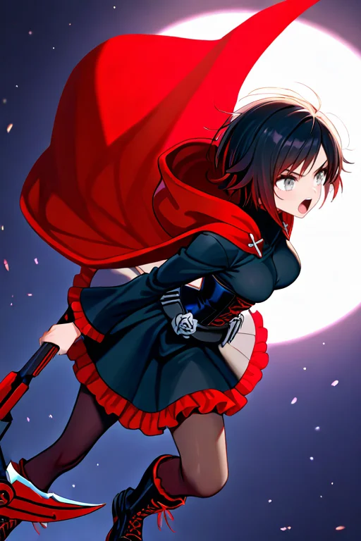 masterpiece, High quality, Ultra detailed, 2d, newest, absurdres, highres, BREAK
1girl, solo, <lora:ruby_rose:0.8>, ruby_rose_(ruby), short hair, black hair, multicolored hair, grey eyes,
medium breasts, rosedef, long sleeves, black dress, corset, belt, rose, skirt, frilled dress, pantyhose, black footwear, cross-laced footwear, hooded cloak, red cape,
scythe, crescent rose, holding scythe, fighting stance, angry, arms dawn, open mouth,
