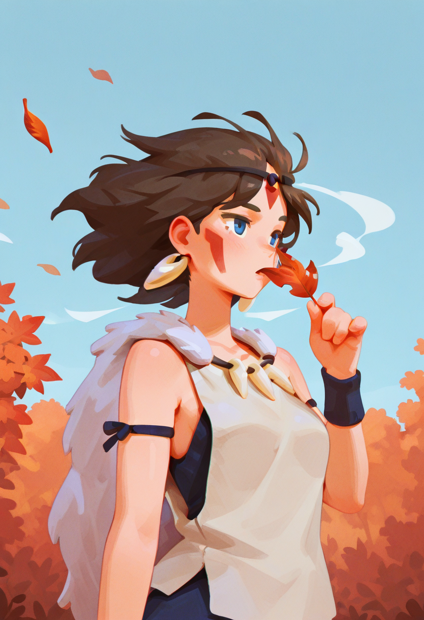 sp3,  masterpiece, best quality, solo,   princess mononoke, blue eyes, tribal clothing, autumn leaves falling,  trees, bushes,  area, blue sky, bust shot, wind blowing hair,  holding a leaf, warm colors, 