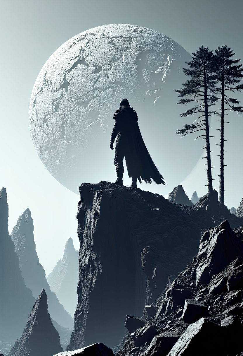 visiobrutalism. A Brutalist reimagining of a lone warrior standing atop a jagged, angular cliff, their silhouette carved from sharp, geometric shapes. The figure’s form is minimalist yet commanding, their flowing garments reduced to harsh, angular lines that blend into the rugged, fragmented terrain. Behind them, an abstract, textured sun dominates the sky, rendered as a fractured, circular monolith that casts stark, uneven light across the landscape. The surrounding mountains and trees are reinterpreted as sharp, faceted structures, creating a desolate and austere atmosphere that embodies the raw, unyielding power of Brutalism.