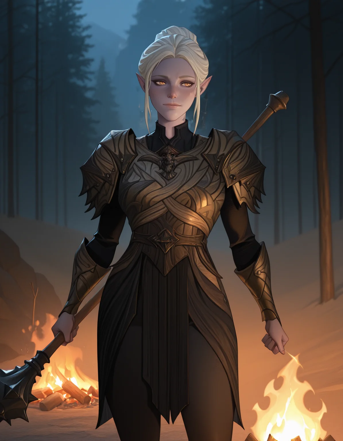 masterpiece, best quality, amazing quality,,<lora:mintharaIllustrious:1>,,1girl ,
mintharabg3, cowboy shot, mintharaArmor, holding a mace, lit by a campfire, <lora:afkArenaIllustrious:1> afkArenaStyle