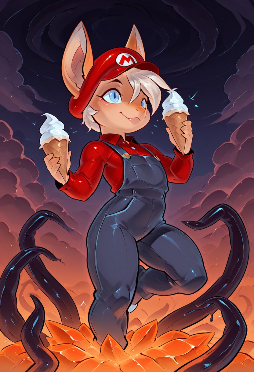 Ice Fox, transparent body, orange ice body, fox ears, small smile, easynegative, feral Fox big eyes, blue eyes, glowing eyes, holding a ice cream float, blue sky, clouds, floating in Air mario \(cosplay\), blue overalls, overalls, shirt, red shirt, long sleeves ,collared shirt, hat, red hat, Super Mario Bros , floating in Air, Eldritch, tentacles, dark background,  horror, dark_theme, customgoober34il