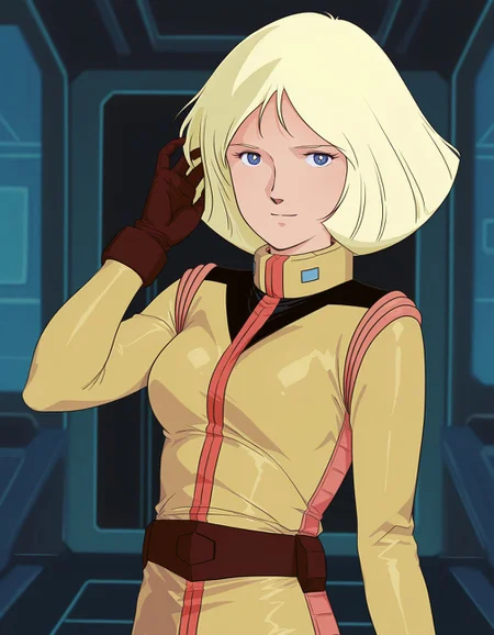 high quality,
1girl, solo,
beige spacesuit, long sleeves, gloves, belt,
<lora:XL_DK_sayla20250411c_ill_dim8_20:1.0> dk_sayla, blonde hair, bob cut,
hand in own hair, light smile, looking at viewer,
upper body,
spacecraft interior, screen, indoors, science fiction,