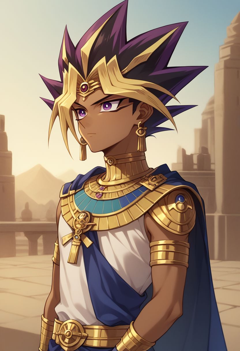 score_9, score_8_up, source_anime, highly detailed, 
yami, 1boy, male focus, solo, jewelry, eye of horus, dark skin, purple eyes, dark-skinned male, spiked hair, blonde hair, multicolored hair, cape,
armlet, earrings, ring,
outdoor, egypt, upper body,