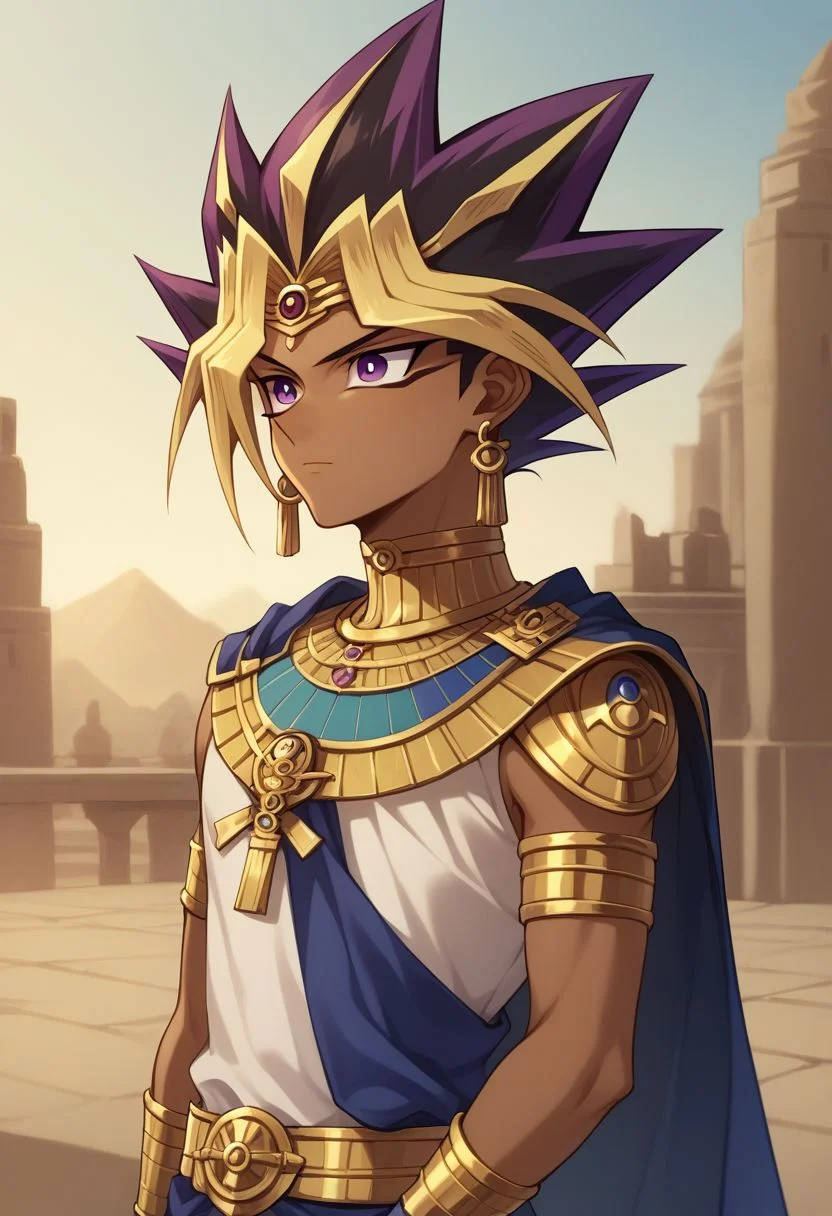 score_9, score_8_up, source_anime, highly detailed,
yami, 1boy, male focus, solo, jewelry, eye of horus, dark skin, purple eyes, dark-skinned male, spiked hair, blonde hair, multicolored hair, cape,
armlet, earrings, ring,
outdoor, egypt, upper body,