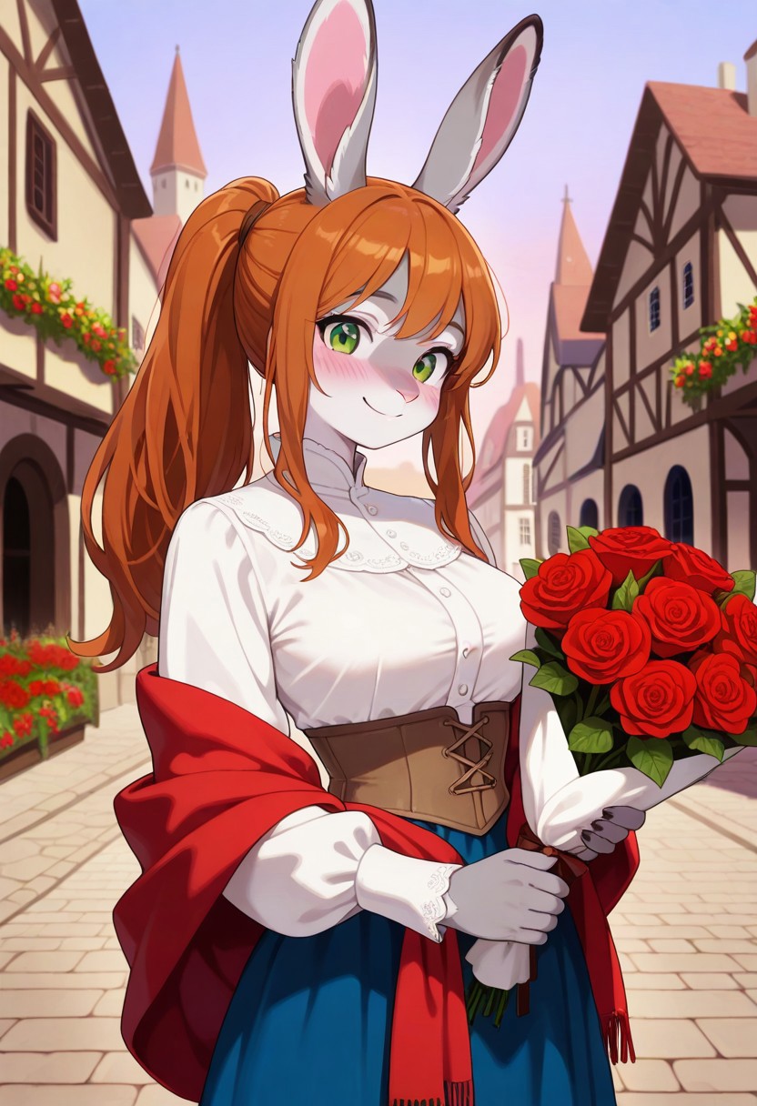 masterpiece, best quality, amazing quality, 1girl, hare, rabbit ears, grey fur, auburn hair, long hair, ponytail, green eyes, furry, medieval clothes, white blouse, blue skirt, red shawl, athletic body, medium bust, smiling, blushing, holding bouquet of roses, medieval city, happy, rated pg, evening