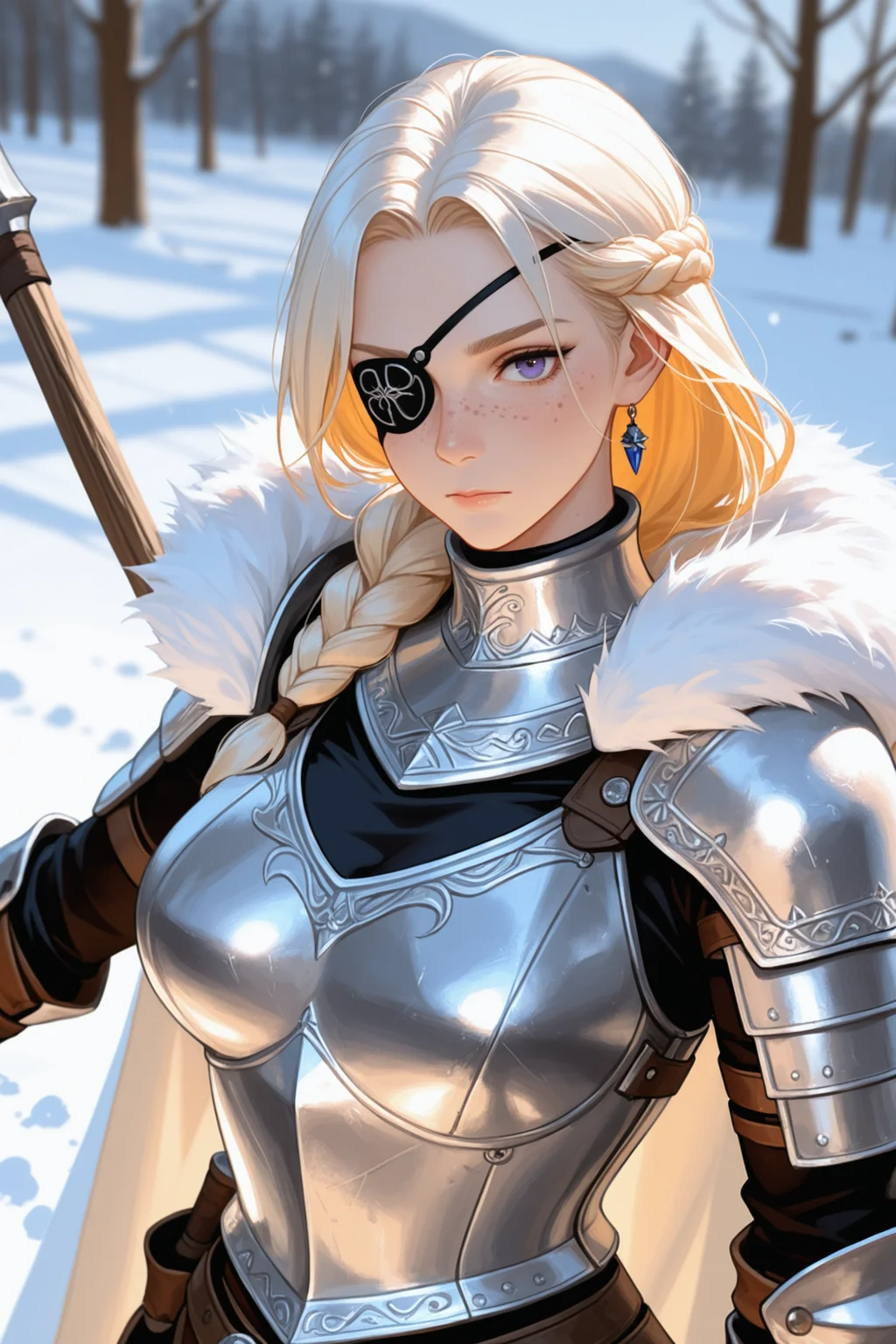 1girl, white armor, raven, jewelry, , blonde hair, breastplate, long hair, , upper body, freckles, , cape, , fur trim, nose, solo, plate armor, , closed mouth, gorget, shoulder armor, (eyepatch:1.2), white hair, winter, single braid, Viking, snow, large breasts, white cape
masterwork, masterpiece, best quality, detailed, depth of field, , high detail, best quality, very aesthetic, 8k, dynamic pose, depth of field, dynamic angle, adult, aged up
