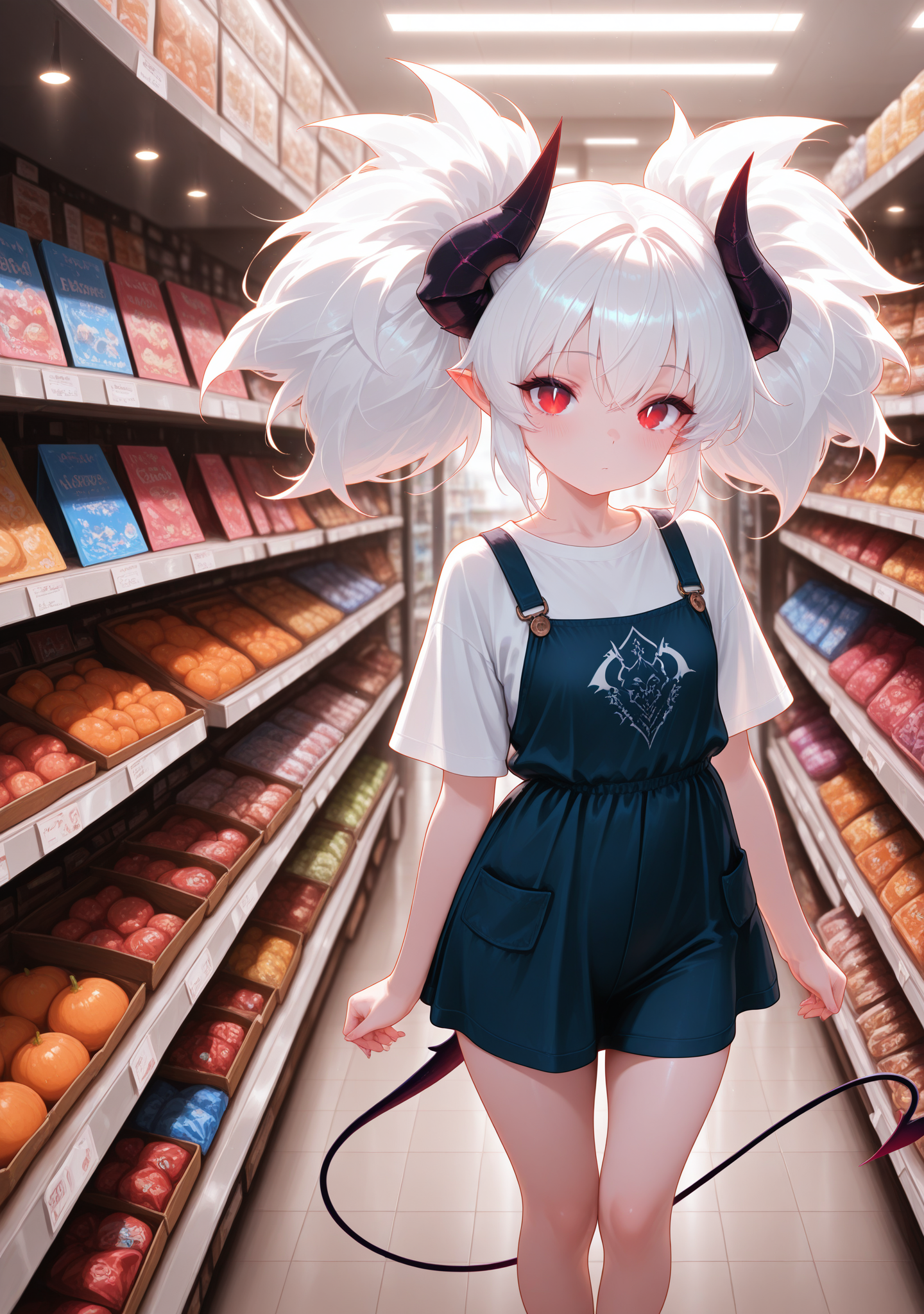 masterpiece,best quality,amazing quality,
<lora:svevsty:0.8>,svevsty,
1girl,tail,white hair,demon girl,looking at viewer,big hair,shop,