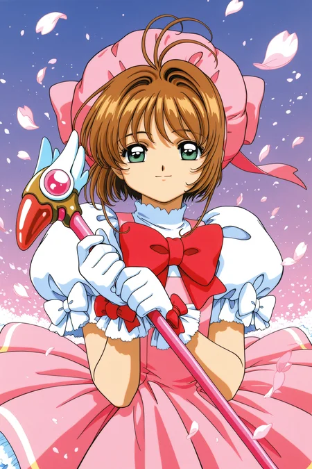 Anime Style,1girl,kinomoto sakura,solo,gloves,brown hair,hat,white gloves,dress,magical girl,green eyes,fuuin no tsue,wand,1990s (style),short hair,bow,petals,short sleeves,retro artstyle,pink headwear,smile,antenna hair,holding,puffy sleeves,
<lora:Card Captor Sakura_illustriousXL:0.8>,