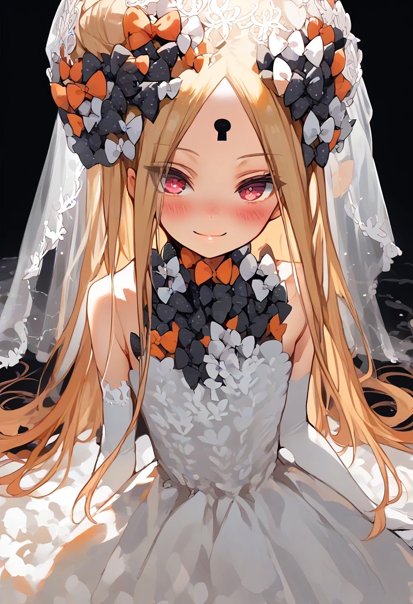 score_9,score_8_up,score_7_up, young, cute, small, abigail williams,
1girl, solo, thighhighs, blonde_hair, gloves, long_hair, elbow_gloves, red_eyes,  white_gloves, smile, black_background, dress,  bow, blush, black_bow, simple_background, white_dress, bangs, looking_at_viewer, strapless_dress, hair_bow, closed_mouth, veil,  asymmetrical_legwear, very_long_hair, parted_bangs, hair_bun, wedding_dress, head_tilt