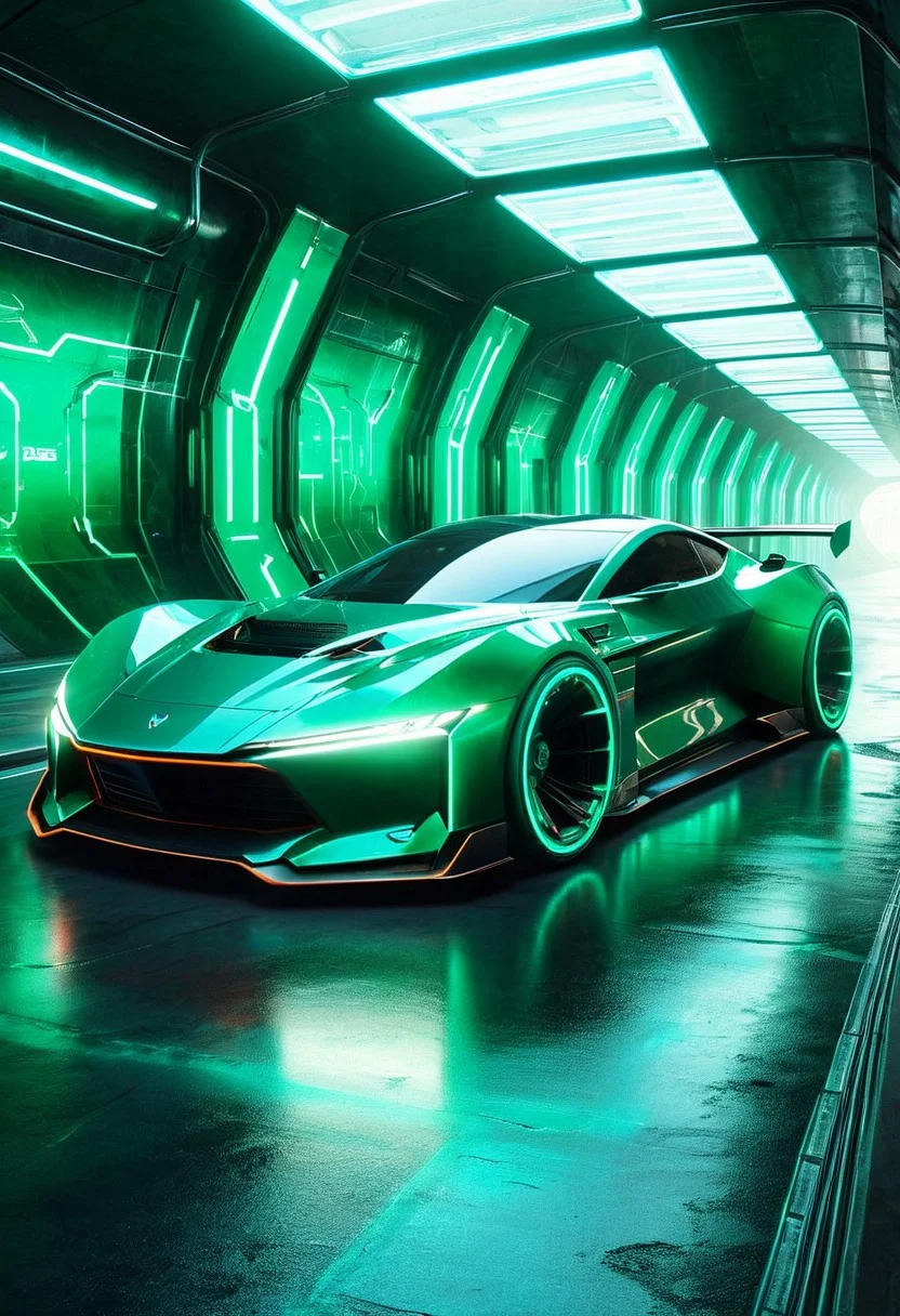 A futuristic sports car speeding through a neon-lit tunnel in a cyberpunk city, emeraldmorph